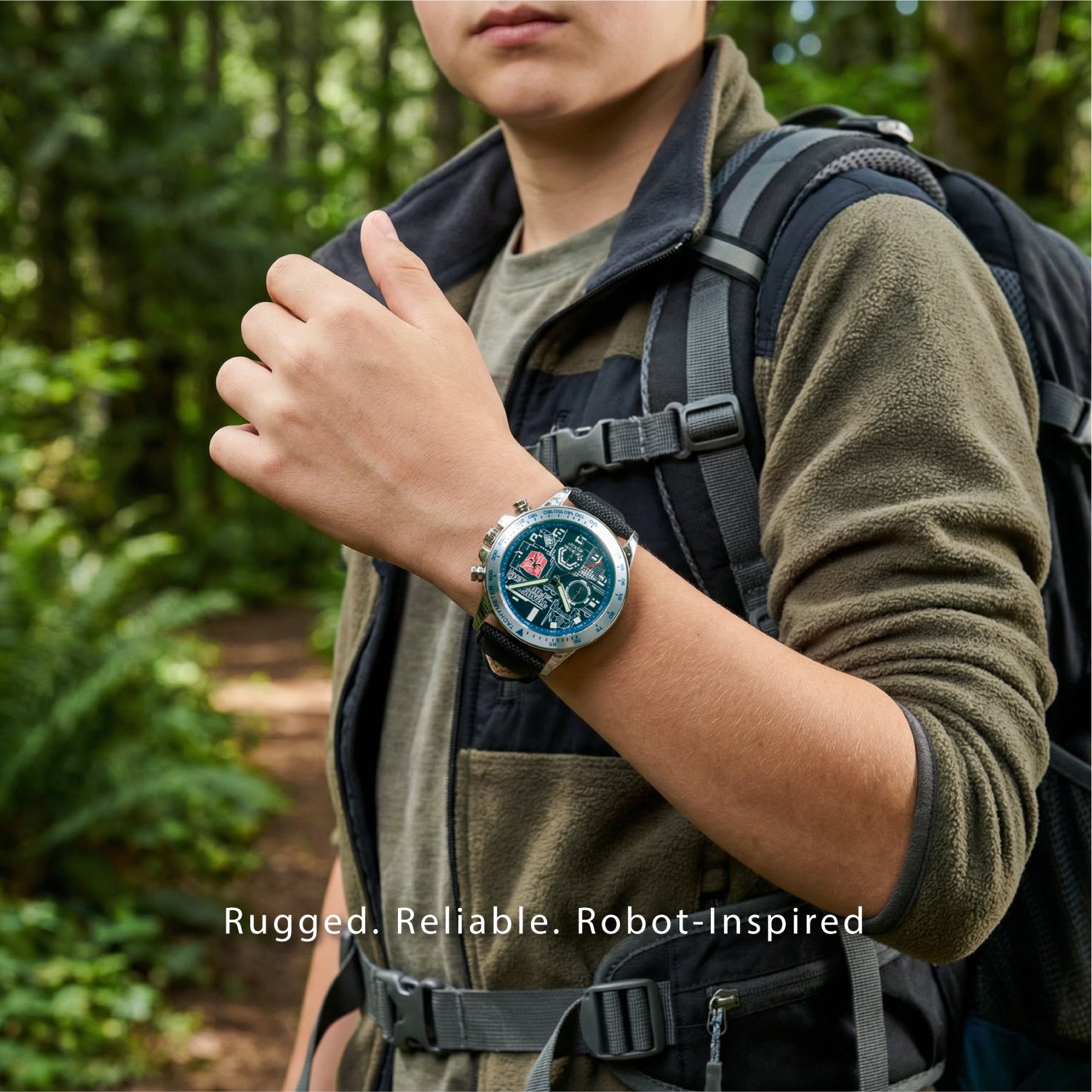 A transformers watch being worn outdoors near a tech-style backpack INP-TF-03 1-1