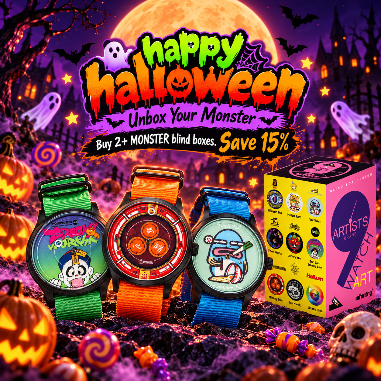 MONSTER watch example beside blind box packaging. Contents are random INP-9D-MB halloween