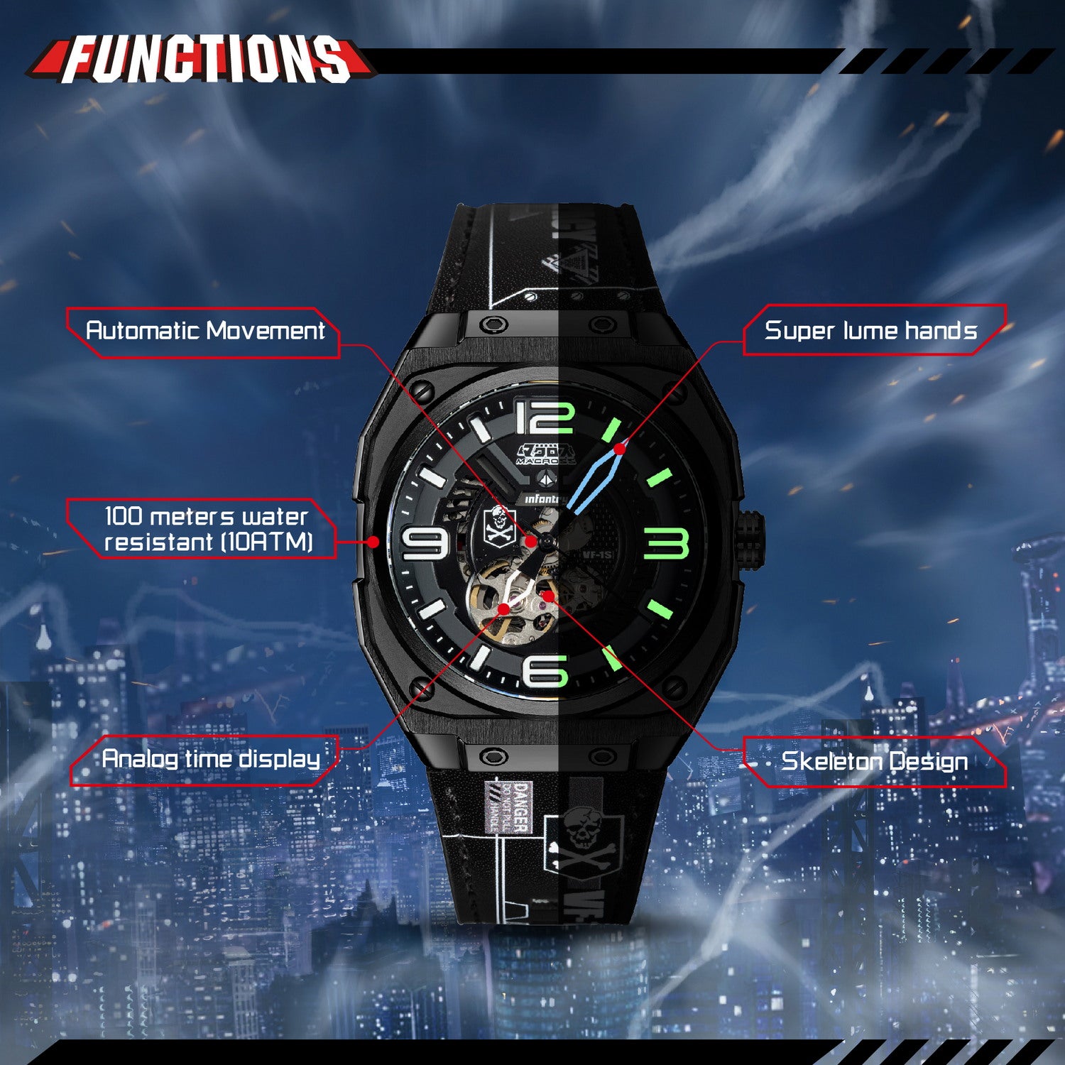 macross robotech modular mechanical watch black function MOD42-MAC-SET-BLK
