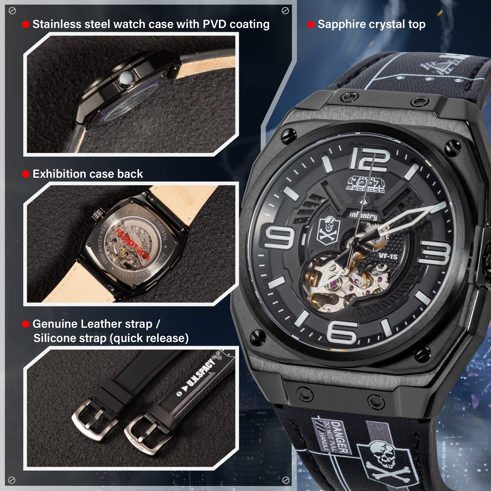 macross robotech modular mechanical watch black material MOD42-MAC-SET-BLK