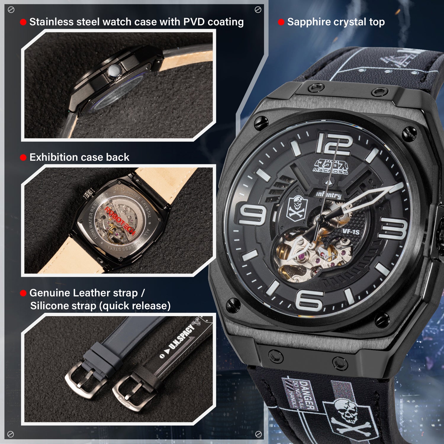 macross robotech modular mechanical watch black material MOD42-MAC-SET-BLK